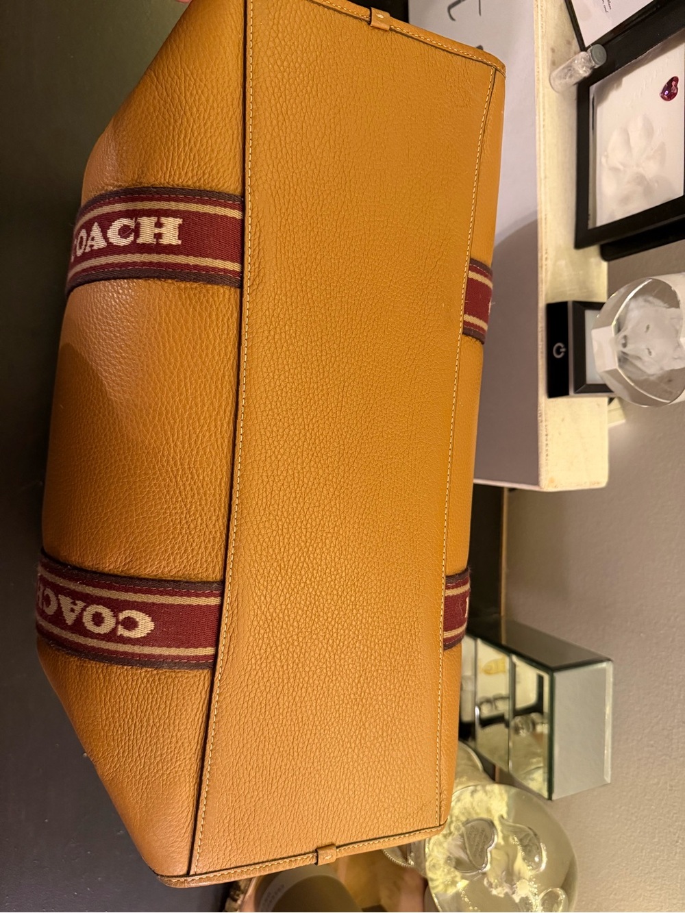 Coach Pebbled Leather Tote in Tan with Burgundy Branded Straps - Picture 5 of 6